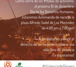 Red Naranja iluminará la plaza Alfredo Sadel para exigir la eliminación de la violencia de género